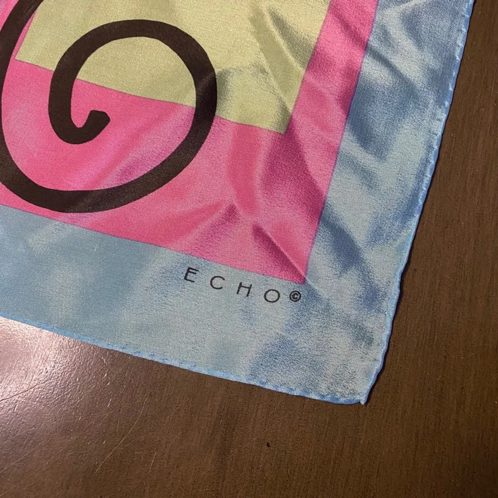 Echo Vintage Abstract Colorblock Silk Scarf Blue Pink Yellow Eye Graphic 31x31